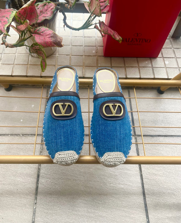 VLTN Garavani VLogo Espadrille Mules Blue Denim Knitted
