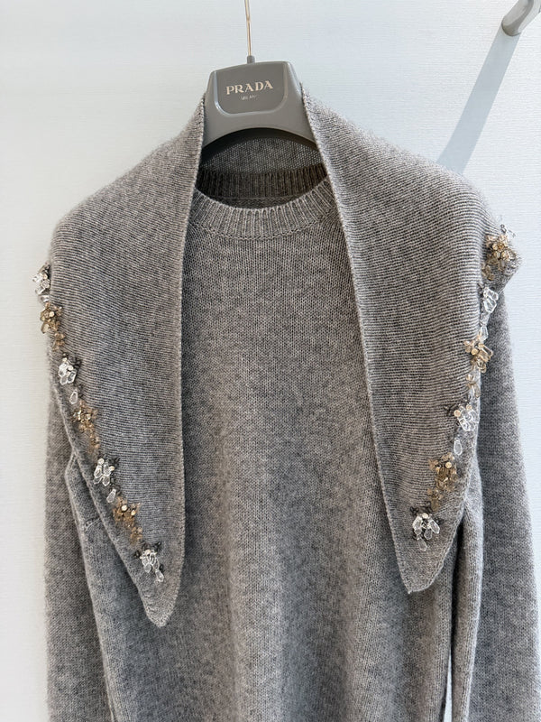 Prad Crewneck Sweater with Stole Grey Cashmere