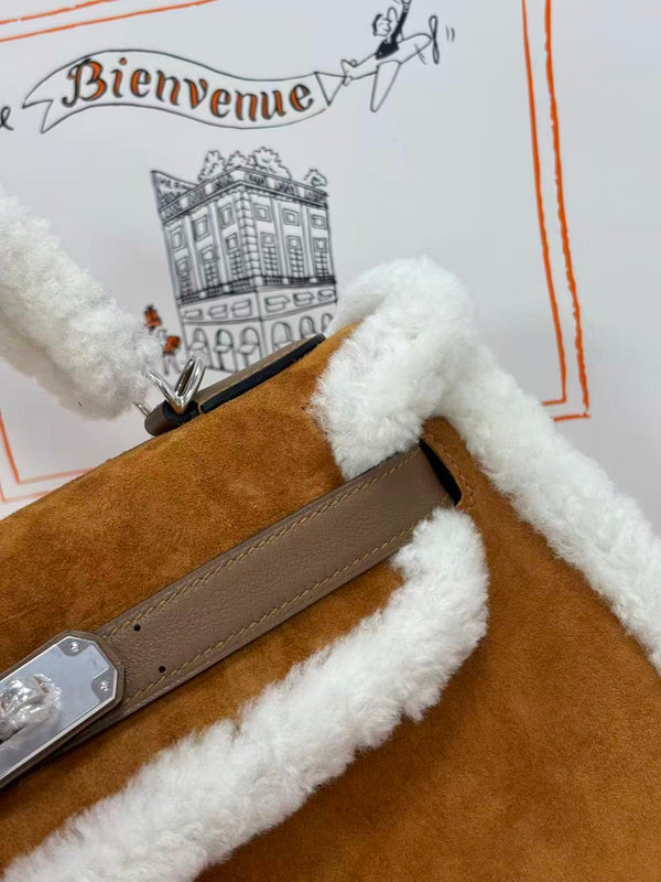 HM Kelly Teddy Shearling 28cm Brown Suede Silver Hardware