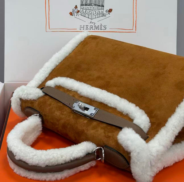 HM Kelly Teddy Shearling 28cm Brown Suede Silver Hardware
