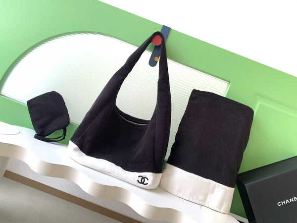 CC Terry Cloth Towel and Bag 3-Piece Set Black In Cotton