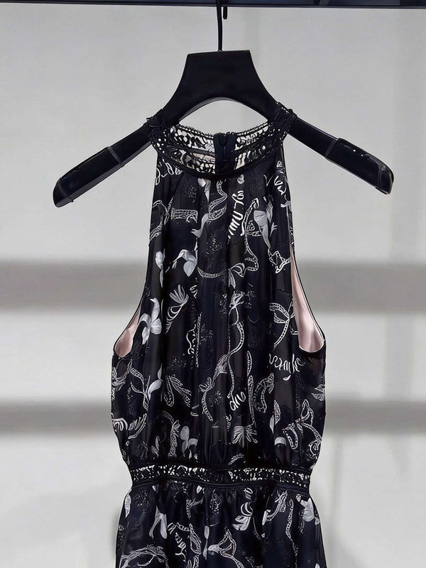 CC Floral Print Tiered Halter Mini Dress Black Polyester
