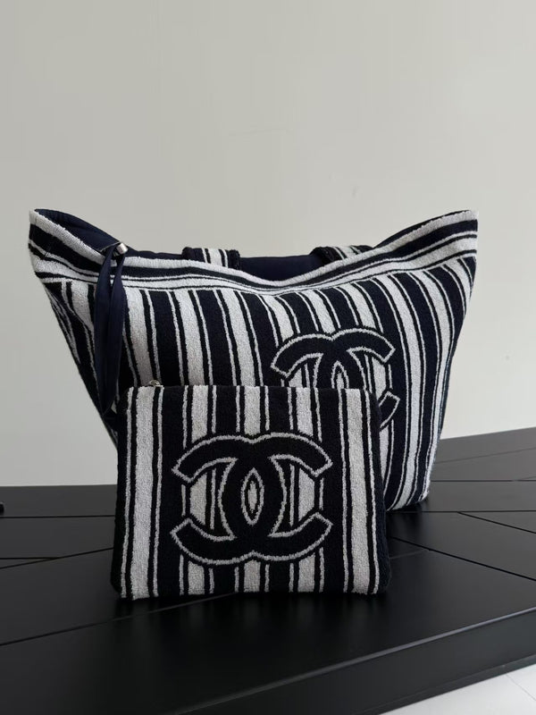 CC 26 Coco Beach Striped Tote Bag 35cm Blue and White Soft Towel Fabric