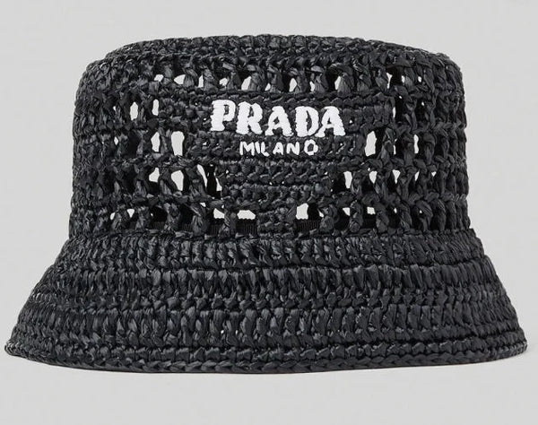 Prada Raffia Woven Black Bucket Hat