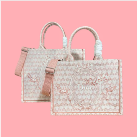 CD Book Tote With Strap Toile de Jouy Floral Garden Embroidery Pink Canvas 164666