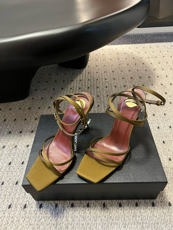 YSL Opyum Sandals Olive Green Fabric Leather