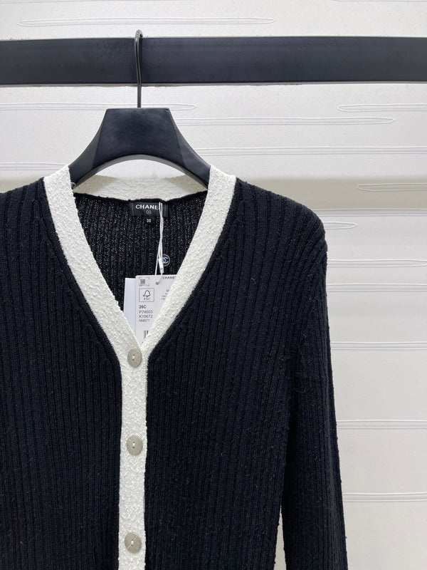Chanel 2026 V-neck Knit Cardigan White and Black Wool Viscose