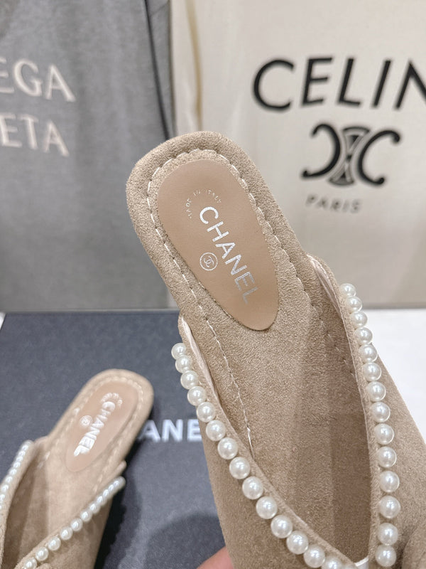 Chanel 2026 Pearl Bow Flat Slipper Suede Sheepskin 713038