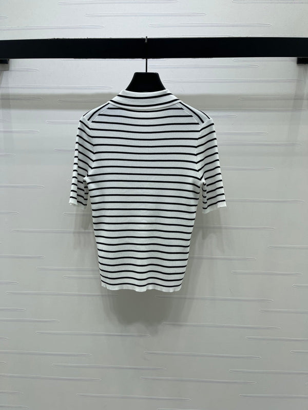CL Striped Knit Collared Short-Sleeve Shirt in Tencel