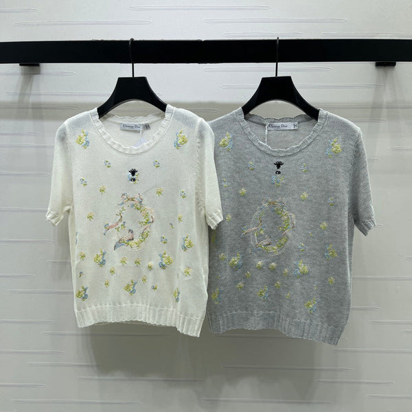 CD 2026 Floral Embroidered Knit Short-sleeved Top Wool 392593