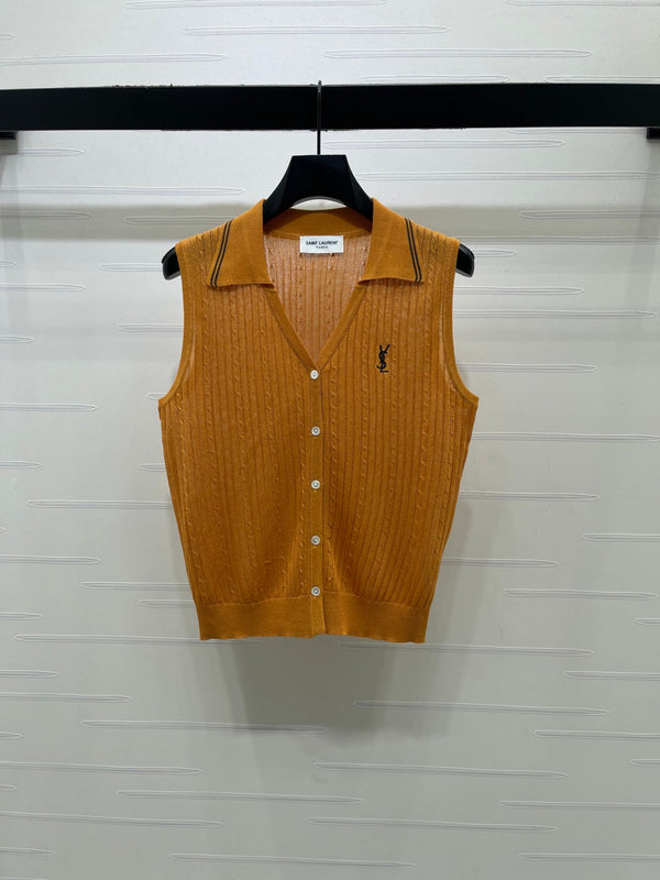 YSL Collared Knit Vest Spun Silk Linen 397453