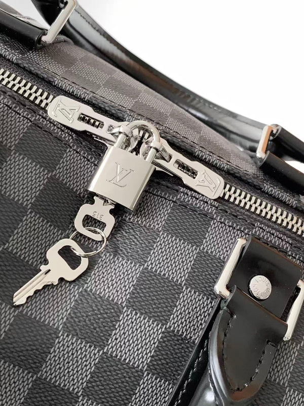 KEEPALL BANDOULIÈRE 45 IN BLACK DAMIER GRAPHITE CANVAS