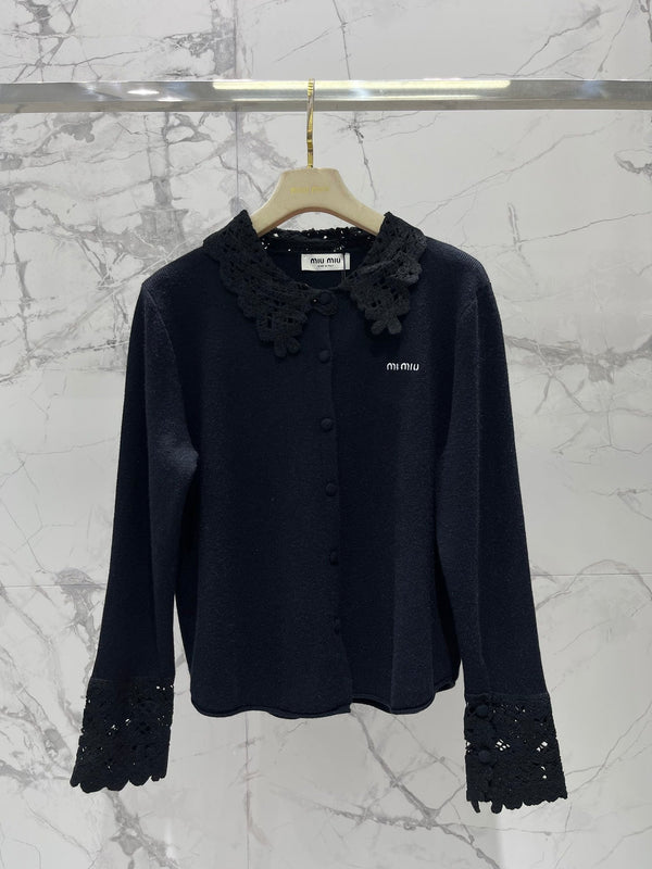 Miumiu 2025 Hollow-Out Crochet Collar Age-Defying Knit Cardigan Wool