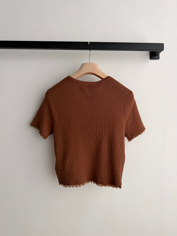 Miu Miu 26SS Lace-Trimmed Round Neck Short-Sleeve Top in Cotton