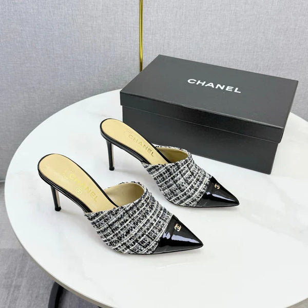 CC 2026 Pointy Heeled Mules 85mm Tweed Pearl 801951