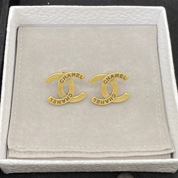 Chanel CC Logo Script Stud Gold Earrings