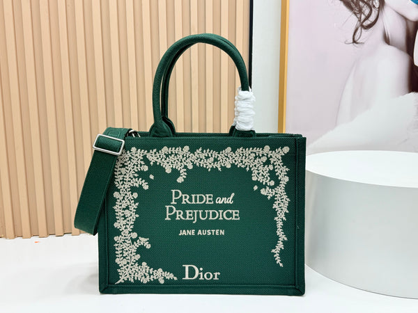 CD Book Tote Medium Pride and Prejudice Green Embroidery Canvas 159367