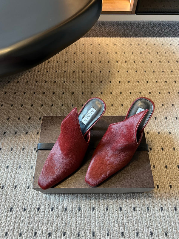 Alaia 26ss Pointed Toe Mules 10cm Burgundy Pony Hair