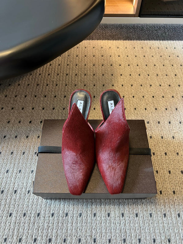 Alaia 26ss Pointed Toe Mules 10cm Burgundy Pony Hair