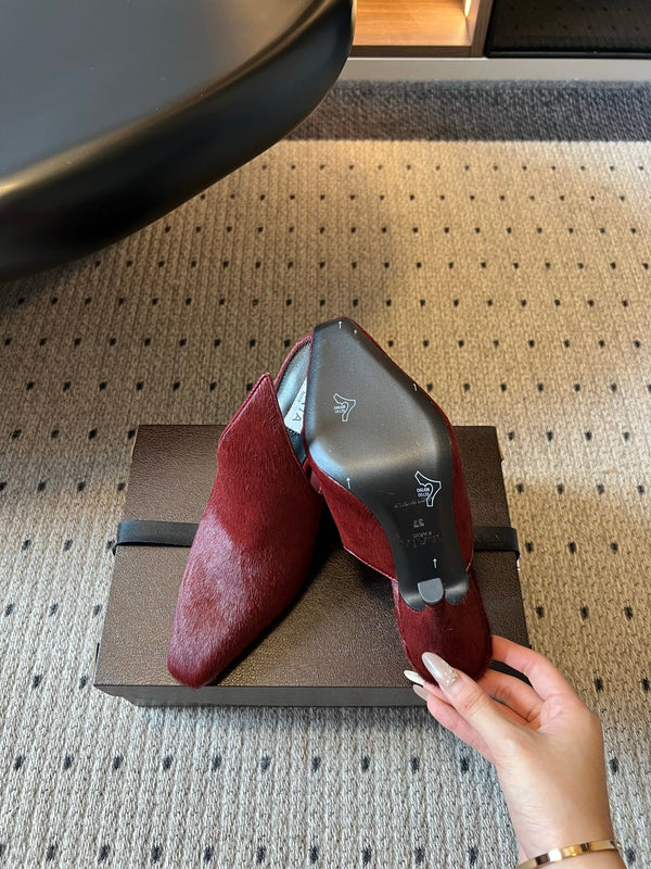 Alaia 26ss Pointed Toe Mules 10cm Burgundy Pony Hair
