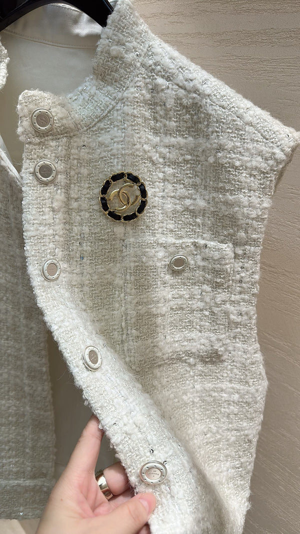 CC Stand-Collar Vest Jacket Cream White Tweed 415627