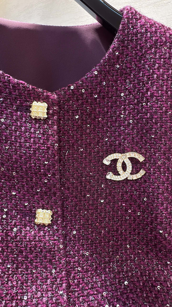 CC Rhinestone Pocket Jacket Gold Buttons Grape Purple Tweed 415599