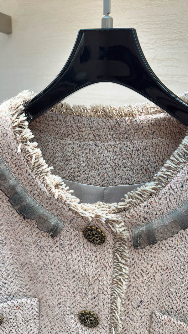 CC Round-Neck Jacket Ruffle Trim Pink Oatmeal Tweed 415603
