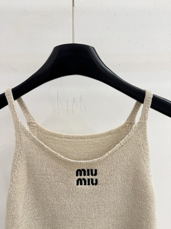 Miu Jacquard Logo Knitted Tank Top Pointelle Lace Trim Wool 801961