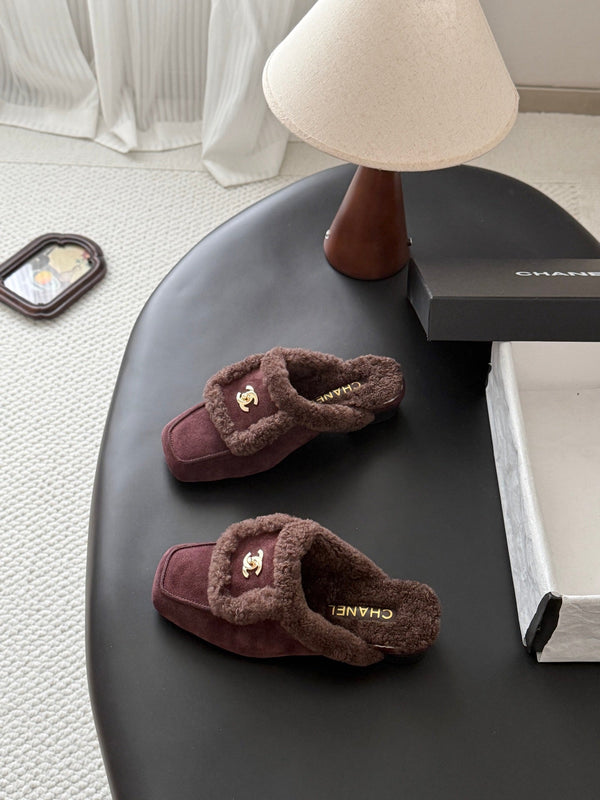 CC 26S Shearling Trim Mules Burgundy Gold Suede 127801