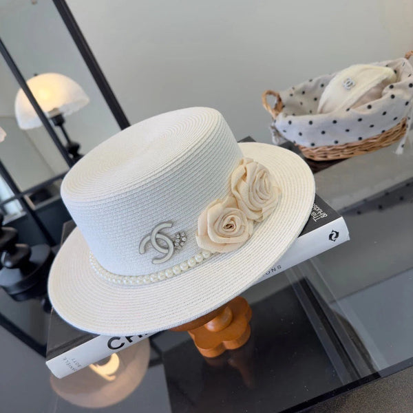 CC Flat-top Straw Hat With Flower Pearl 269016