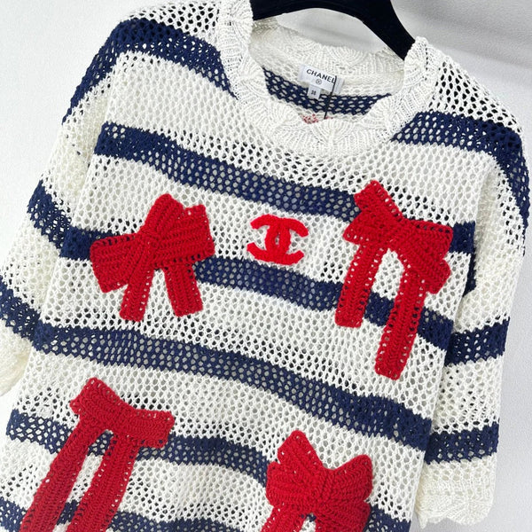 CC 2026 Bow Striped Short Sleeved Shirt White Red Wool 360696