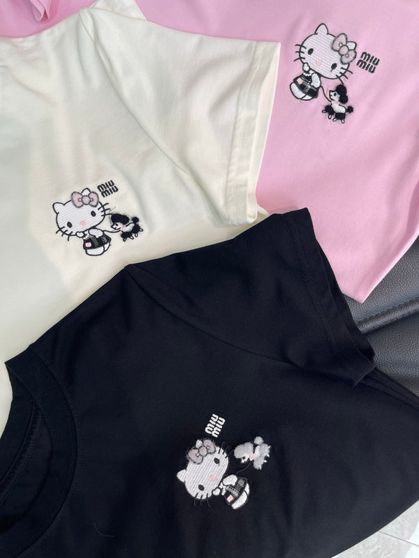 Miumiu 2026 Hello Kitty Embroidered Short-sleeved T-shirt Cotton 346491