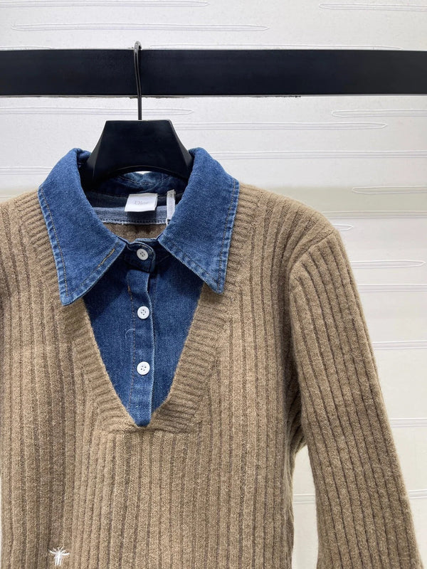 CD 2026 Denim Patchwork Collared Knit Long-Sleeve Top Wool 779595