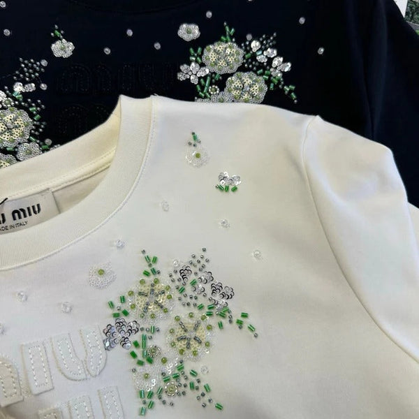Miu 2026 Floral Embroidered Short-Sleeve T-Shirt Cotton 374766