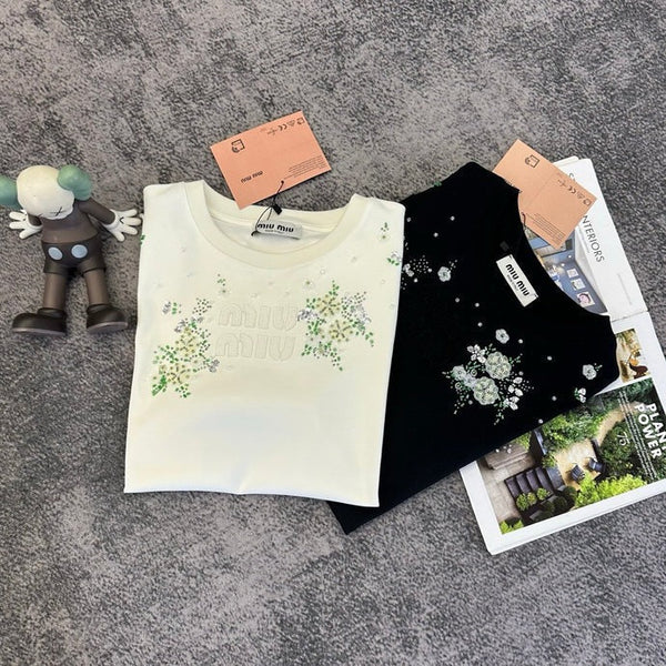 Miu 2026 Floral Embroidered Short-Sleeve T-Shirt Cotton 374766