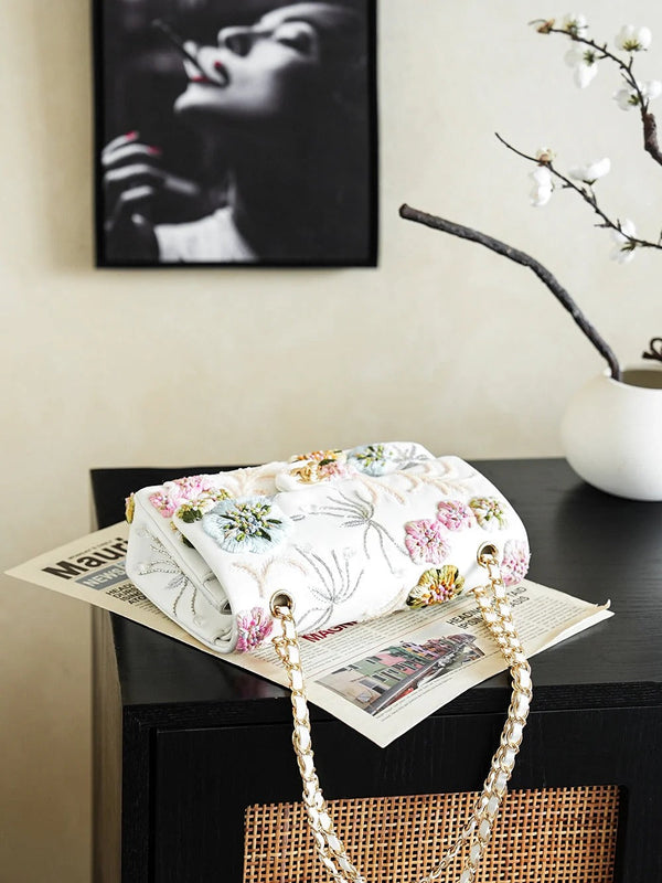CC 26s Multi-colored Floral Embroidery Bag 25.5cm White Leather