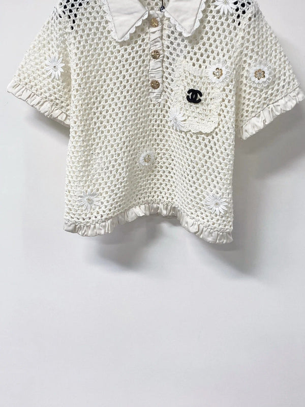 CC 2026 Daisy Pattern Knit Short-Sleeve Shirt White Wool 673370