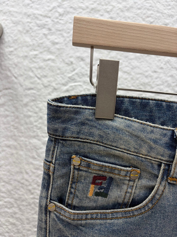 FF 2026 Men's Jeans Washed Blue Brown Logo Denim 738154