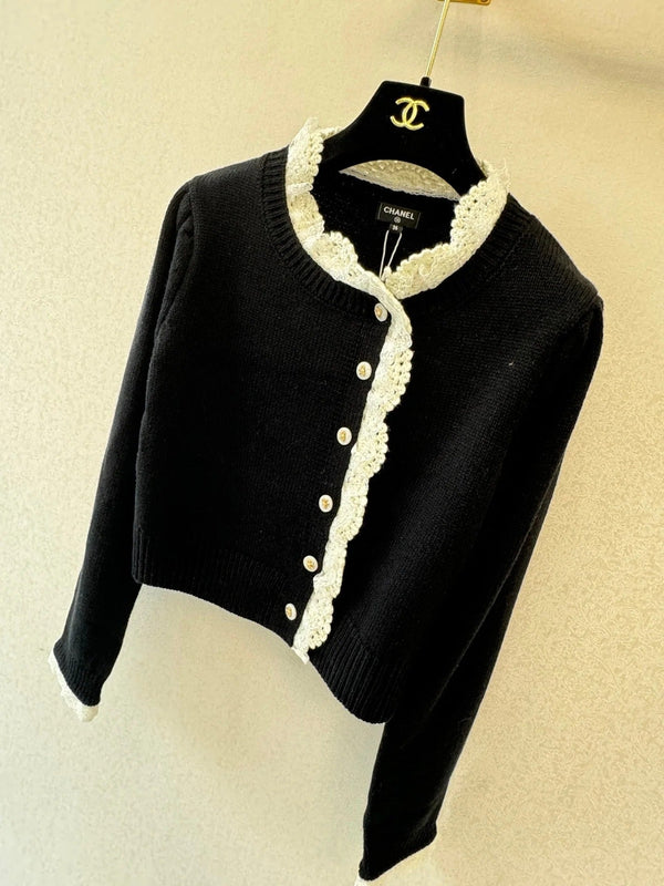 CC 2026 Lace-trimmed Cardigan Black Mix White Wool 424721