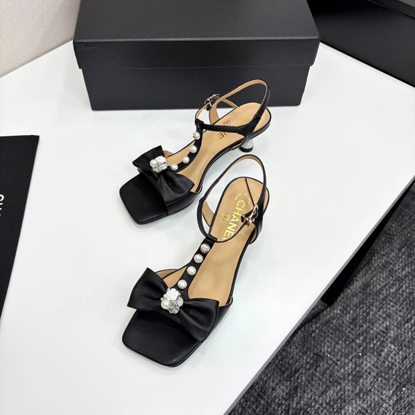 CC 2026 Bow Pearl Sandal Black Sheepskin