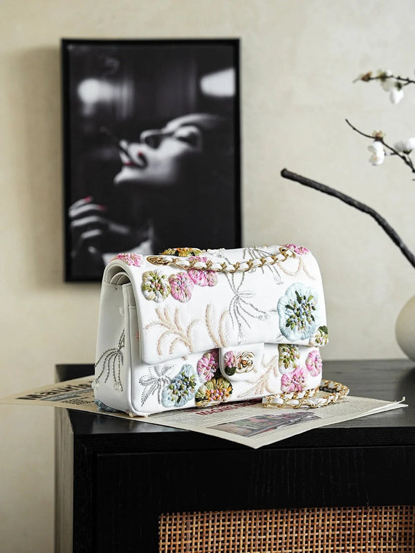CC 26s Multi-colored Floral Embroidery Bag 25.5cm White Leather