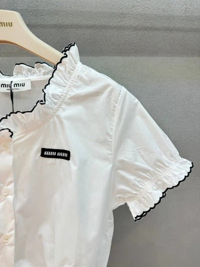 Miu 2026 Ruffled Trim Shirt White Black Cotton 375185