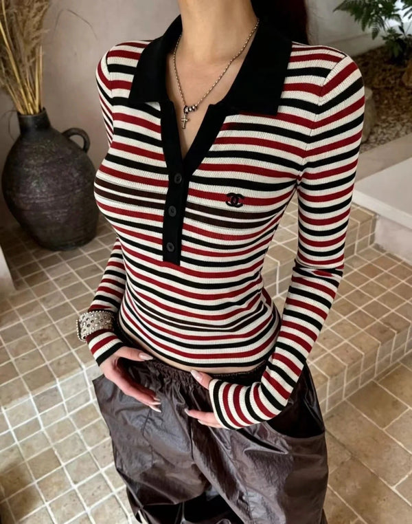 CC 2026 Striped Long-Sleeve Top Red Mix Colors Cotton 417672