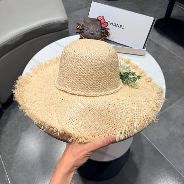 CC Flower Raffia Straw Wide-brimmed Hat 400708