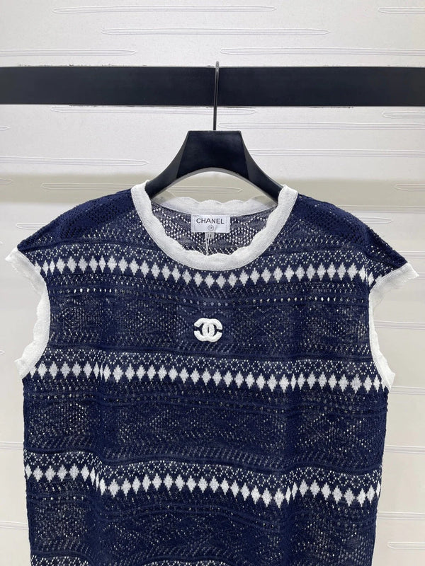 CC 2026 Hollow-out Striped Knit Vest Navy Blue Viscose 677769