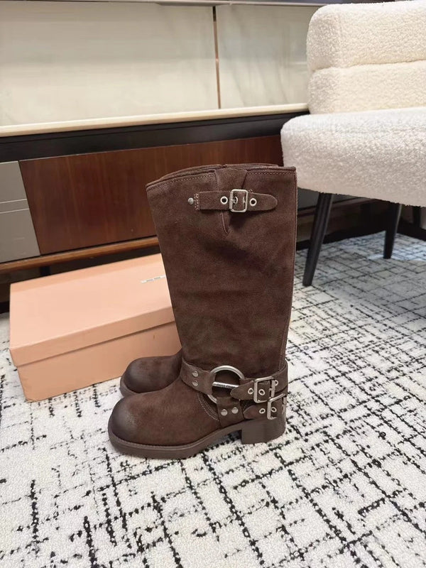 Miu 2026 High-Top Biker Boots Suede Calfskin 952185