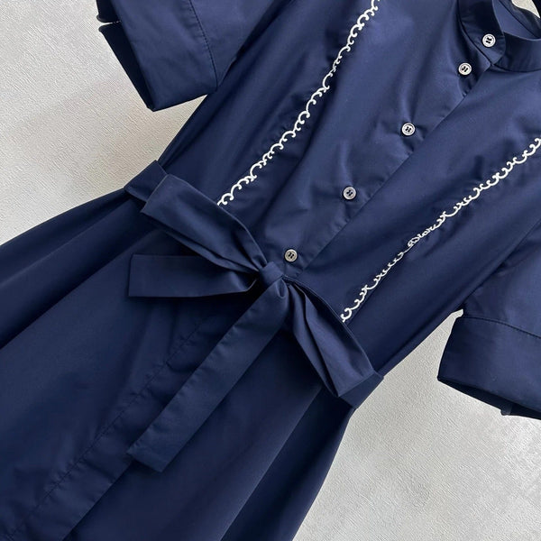 CD 2026 Wave Embroidery Belt Dress Navy Cotton 627174