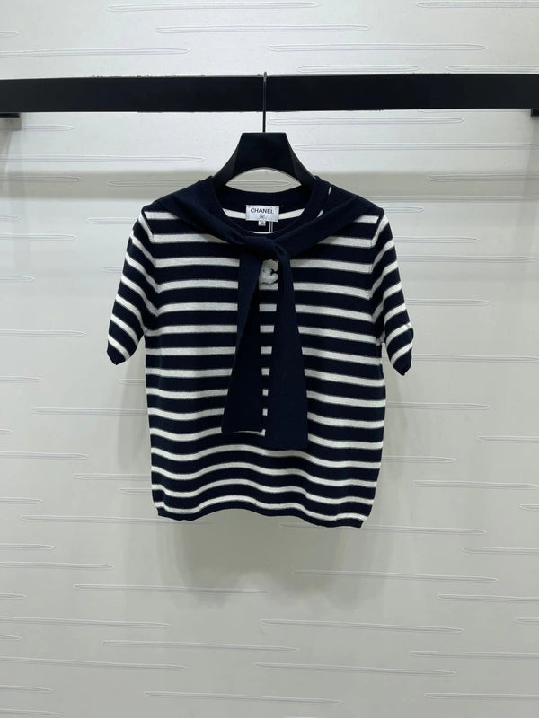 CC 2026 Shawl-Style Striped Knit Short-Sleeve Top Viscose 677747