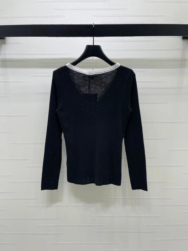 CC 2026 Lace-trimmed Knit V-neck Long-sleeved Top Wool 773815