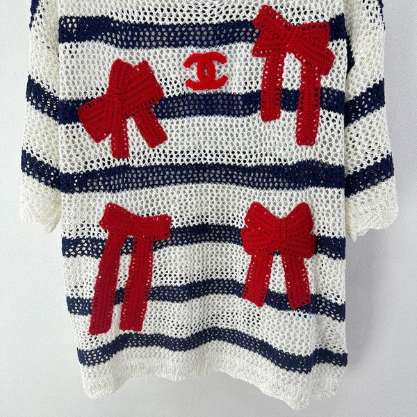CC 2026 Bow Striped Short Sleeved Shirt White Red Wool 360696